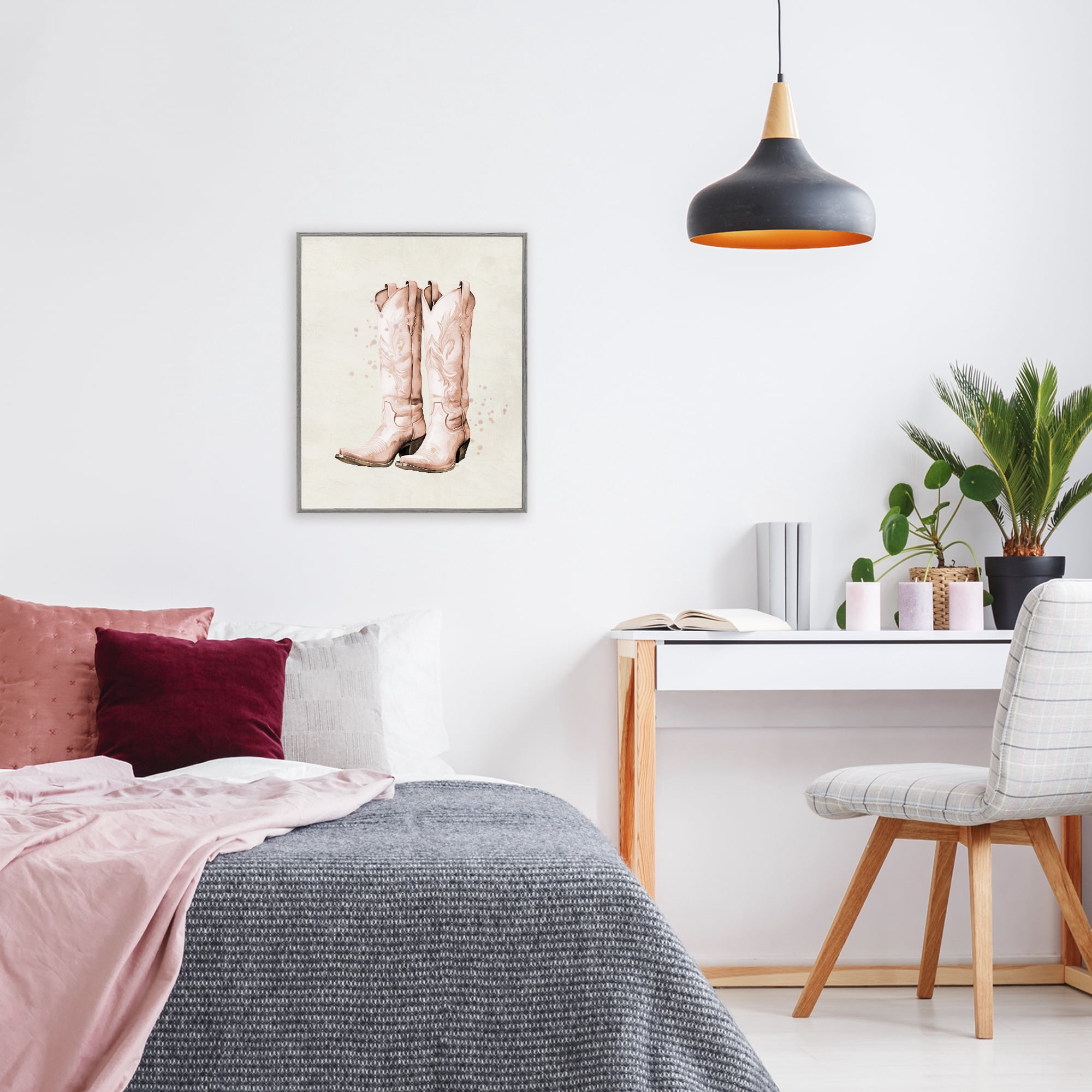 Howdy Cowgirl Pastel Boots Gray Framed Giclee Art, design by Kim Allen