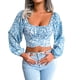 thumbnail image 1 of Blusa corta con estampado floral y cuello cuadrado y manga larga con lazo en la espalda para mujer Azul M, 1 of 9