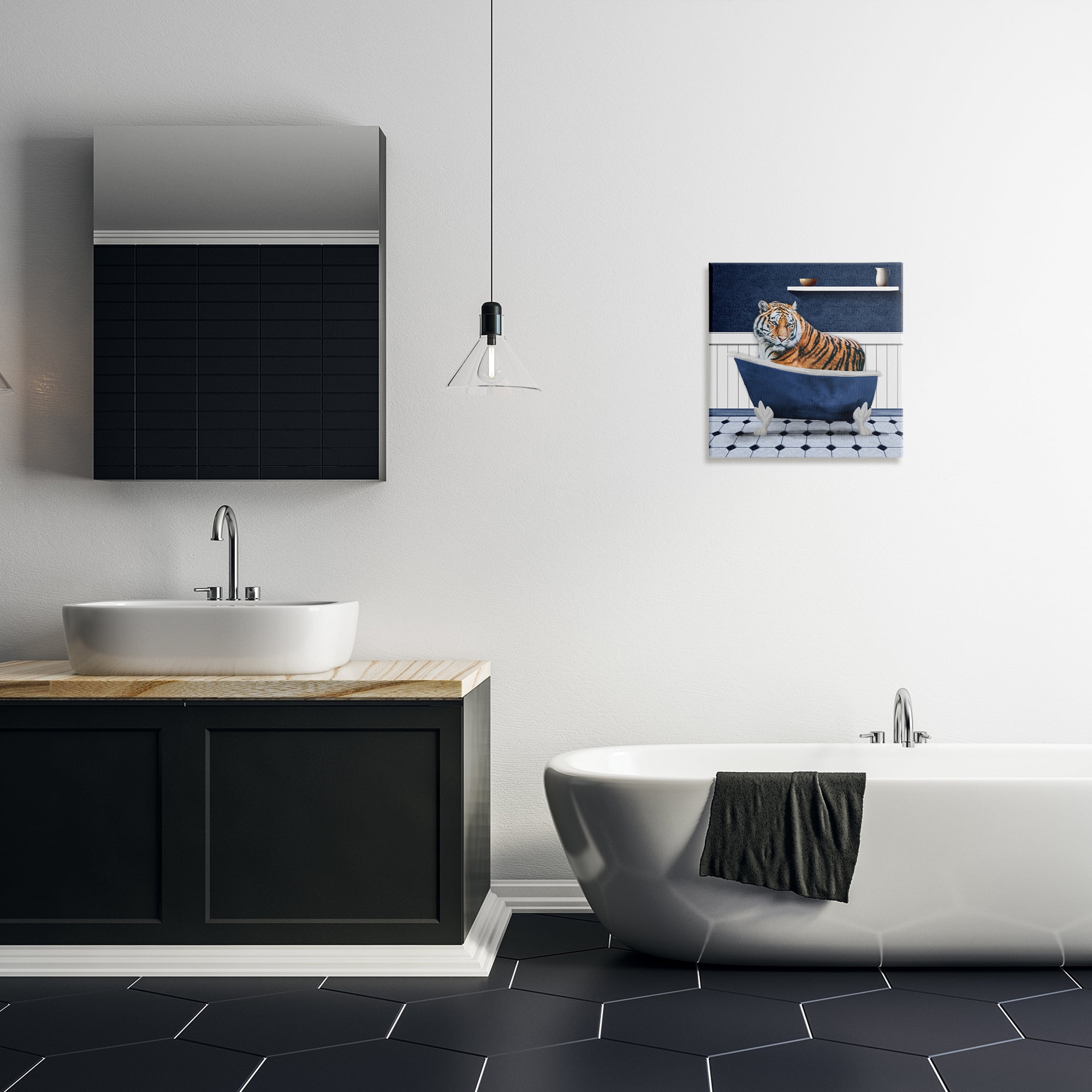 Stupell Industries Tiger in Blue Bathroom Bath & Laundry Painting Wrapped Canvas Art Print Wall Art, 17 x 17