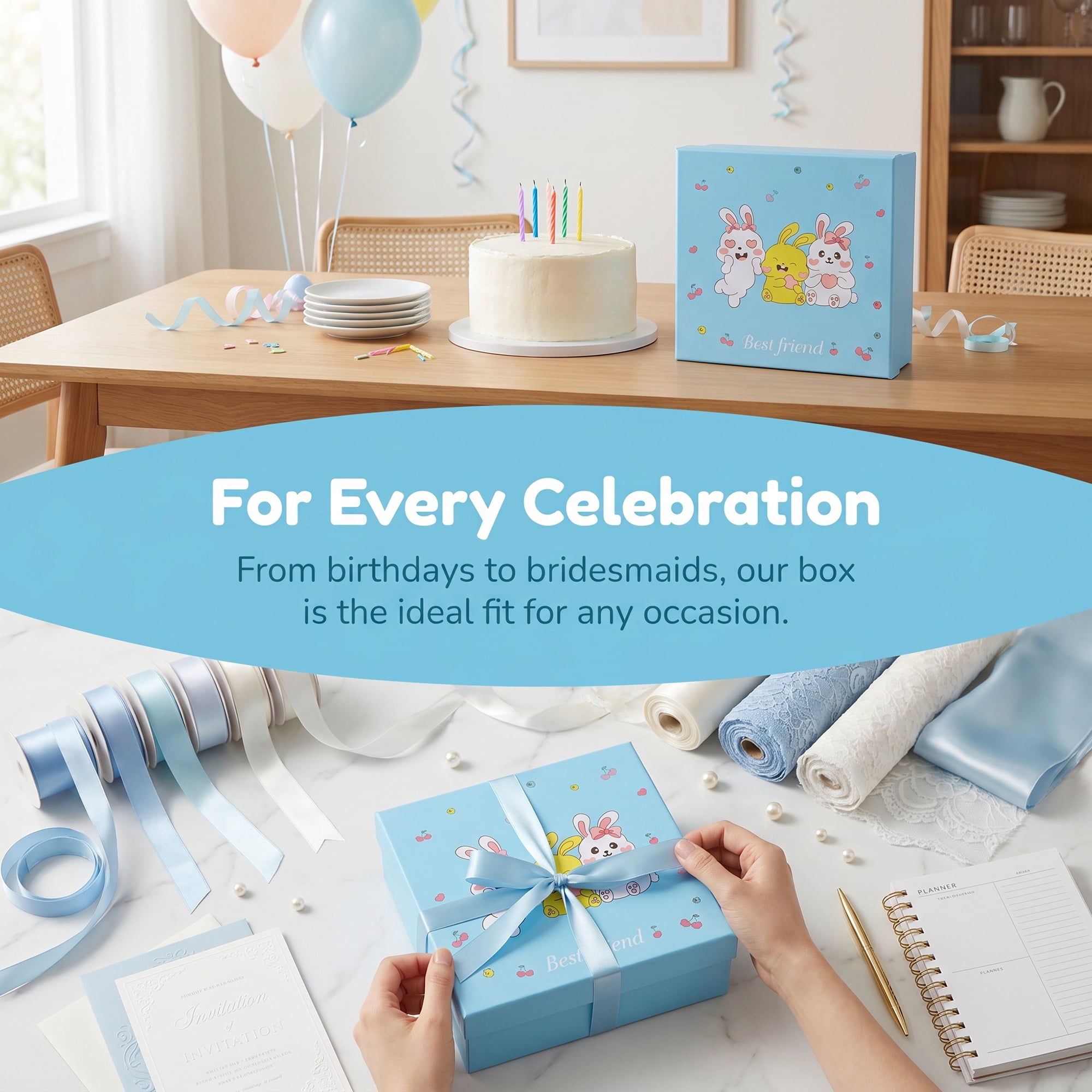 Unique Bargains Cute Cartoon Present Gift Box with Lids Blue 7.9"x7.9"x3.9"