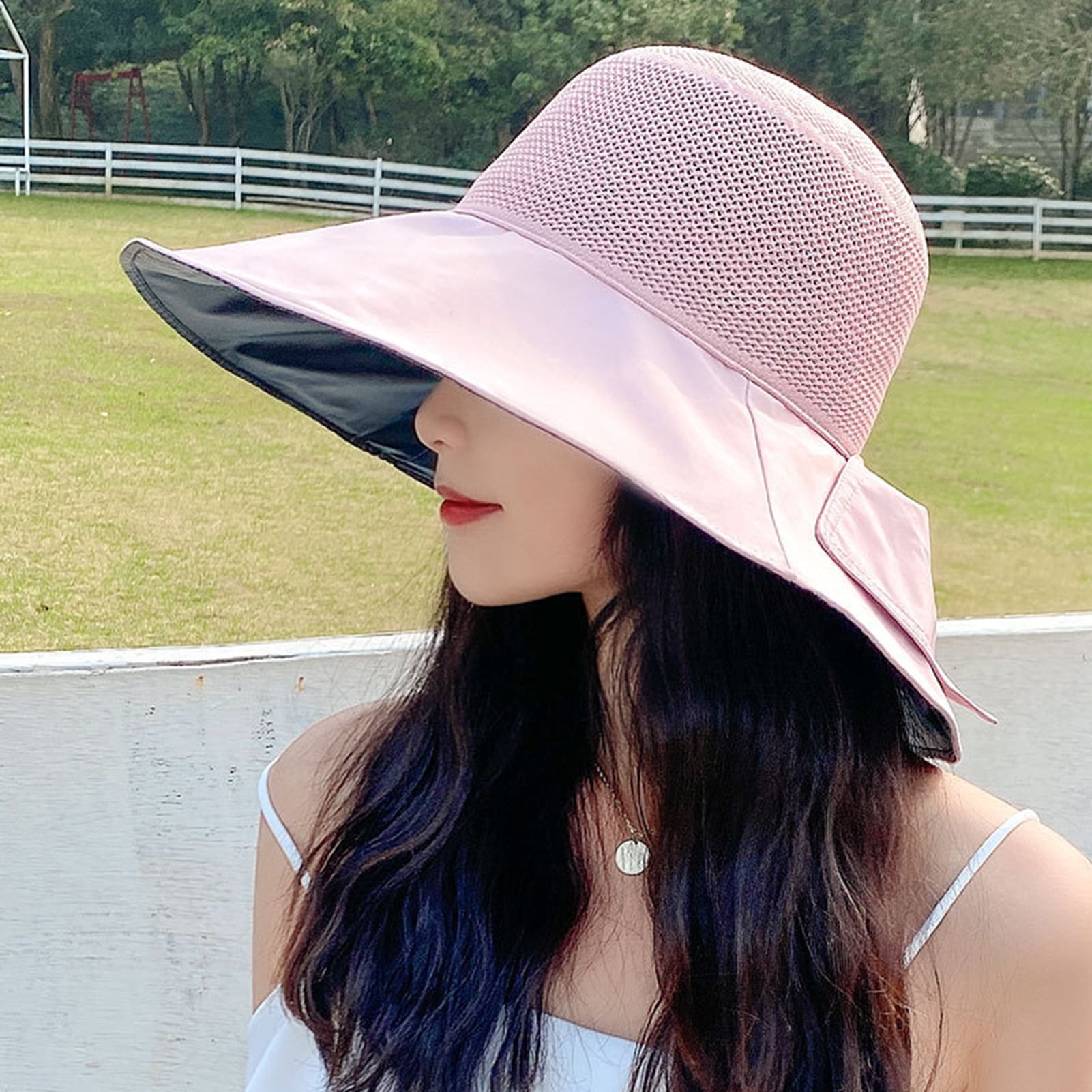 CXDa Women Hat Solid Color Wide Brim Round Shape Hollow Out