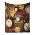 thumbnail image 1 of Fall Soft Flannel Fleece Throw Blanket, Different Colored Dry Maple Leaves and Various Alarm Clocks on Wooden Planks Print, Cozy Plush for Indoor and Outdoor Use, 50" x 60", Multicolor, by Ambesonne, 1 of 6