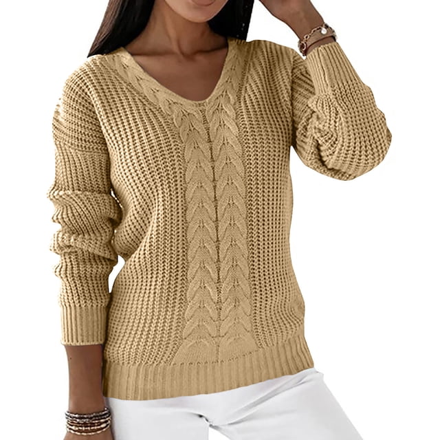 EGNMCR Chandails pour Femmes Femmes Manches Longues Col en V Chandail Uni Blouse Décontractée Hauts