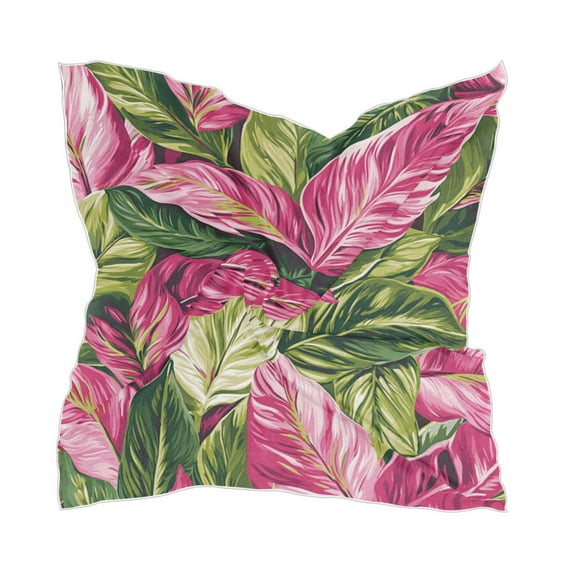 Pink and Green Tropical Leaves Women's Fashion Soft Scarf Square Satin Head Scarf Neck Scarf Head Hair Wraps