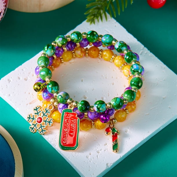 Set de pulseras de Papá Noel con muñeco de nieve con árbol de Navidad - Pulseras festivas de aleación de 3 piezas para mujer, joyería navideña multicolor con cuentas, ajustable de 7 pulgadas