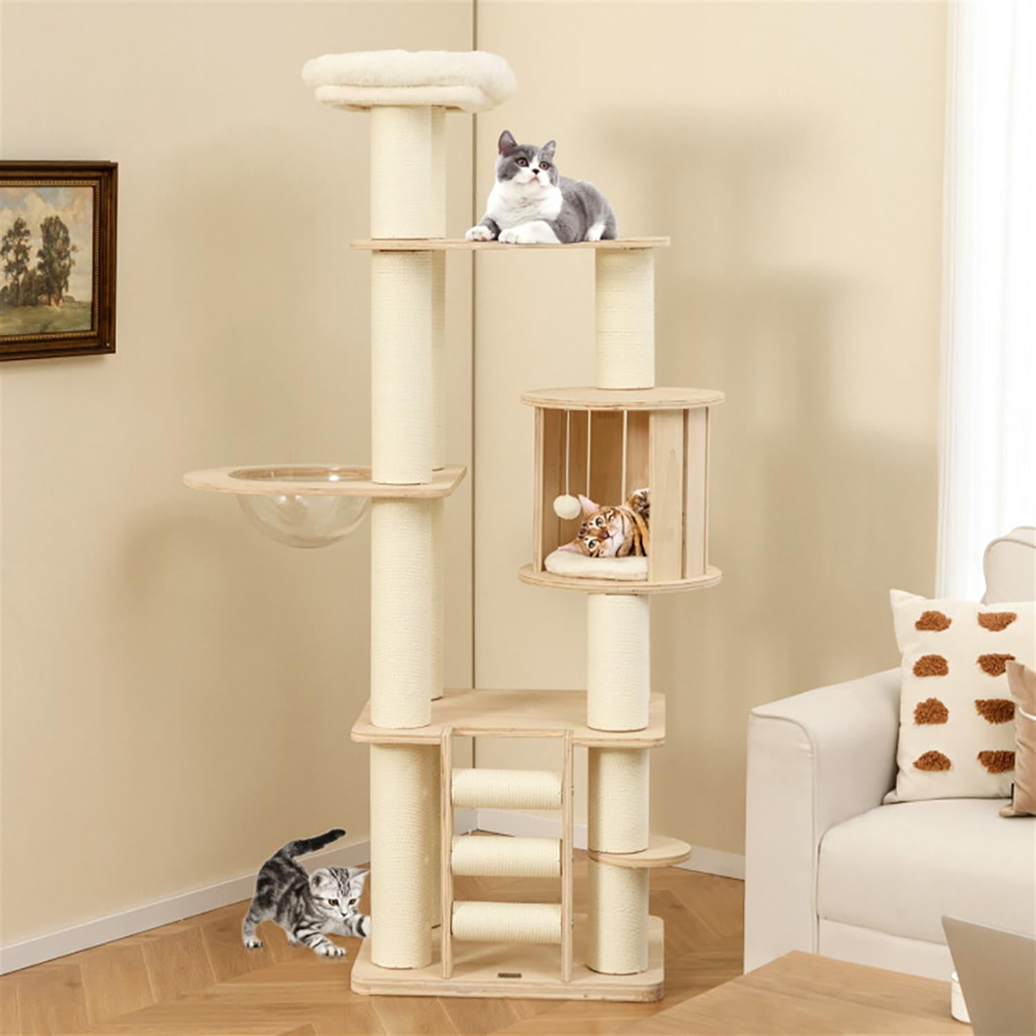 resenkos 71" Modern Cat Tree with Toy, Cat Tower Condo for Indoor Cats with Cozy Wooden Condos, Top Perch and Space Capsule, Beige
