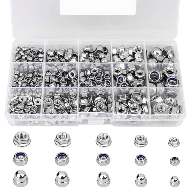 385 unidades M3 M4 M5 M6 M8 de acero inoxidable Nylon Locknut Surtido métrico Afortunado Sencillez