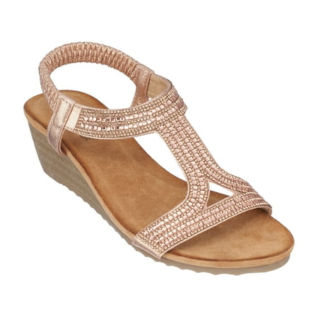 

GC Shoes Womens Rhinestone Strap Wedge Sandals Open Toe Elastic Sling Back Summer Platform Slide Sandal Coretta/Rose/7