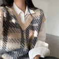 thumbnail image 2 of Las estudiantes usan invierno coreano holgado Retro con cuello en V sin mangas de punto Jersey chaleco suéter Top a cuadros suéter chaleco, 2 of 5