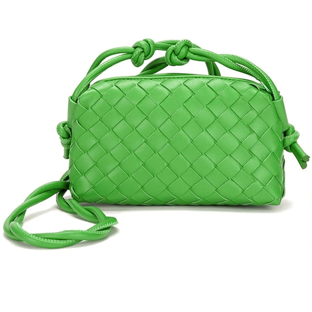Parrot Green Hand-Woven Knotted Strap Crossbody Bag - PU Leather Mini Square Purse with 54cm Adjustable Shoulder Strap, Zipper Closure, Main & Inner Pockets, 20x7x13cm, 0.2kg, Soft Sticky Texture,