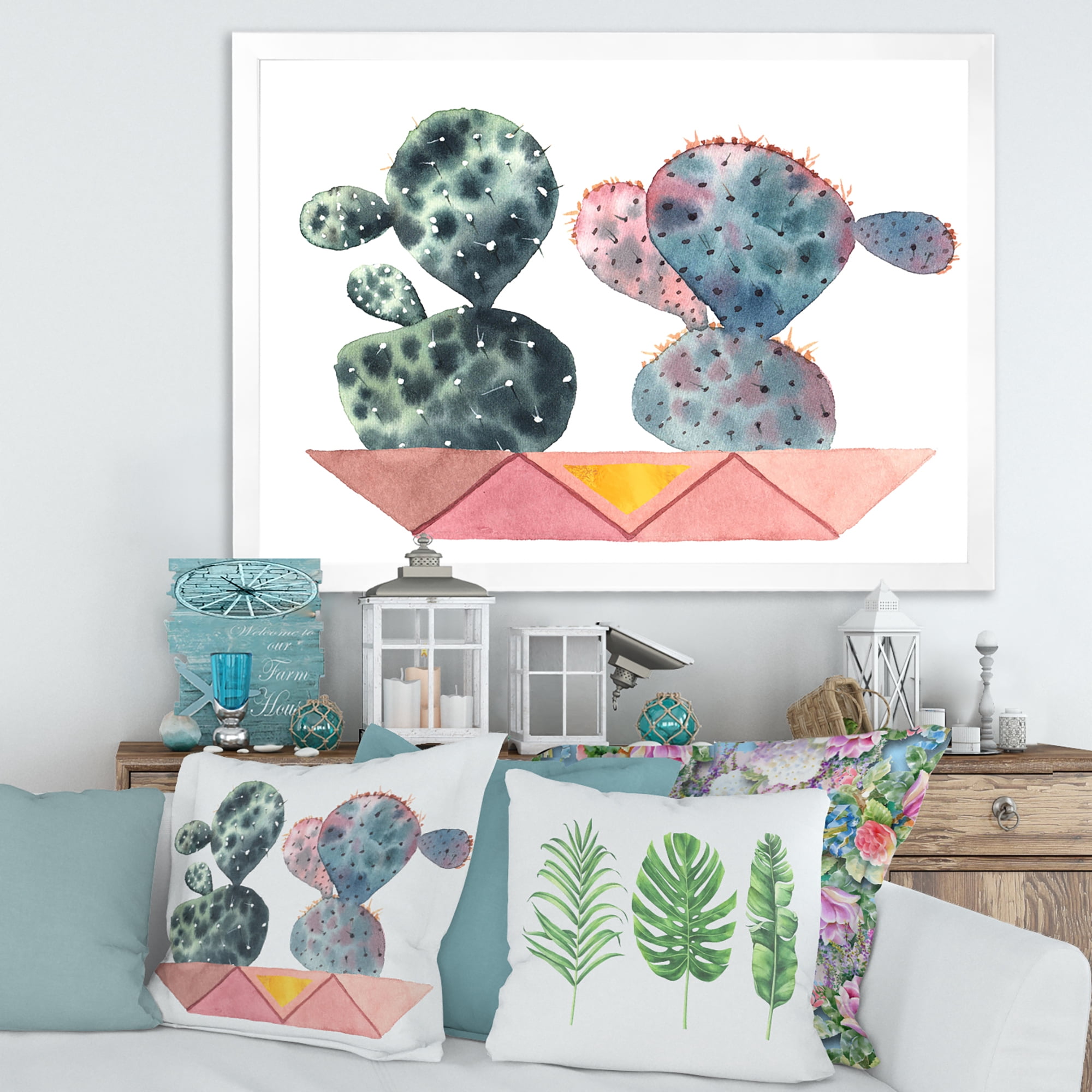 Designart 'Cactus Duo In Pink Pots Geometric' Modern Framed Art Print