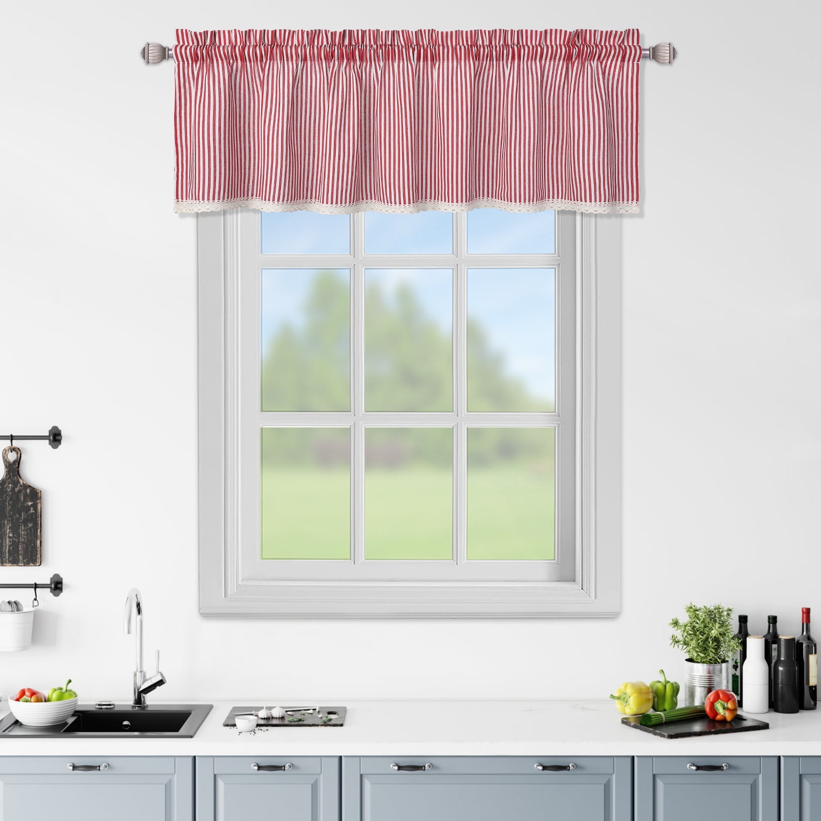 HOMERRY Red Stripe Fabric Kitchen Valance 1 Panel Light Filtering Cafe