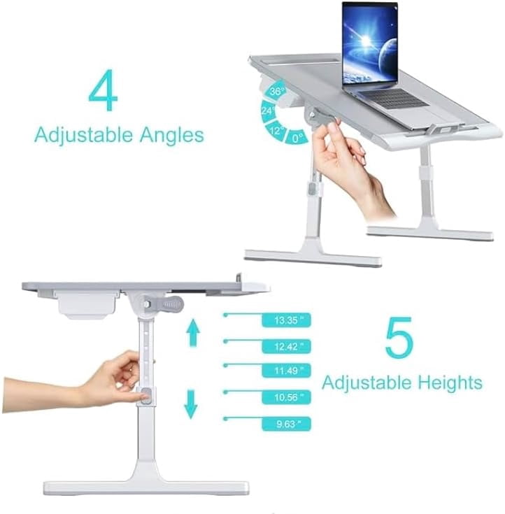 Adjustable Gray Extra Large Lap Desk, Foldable Laptop Table with 2 Drawers, Portable Lap Stand for Bed Sofa Office
