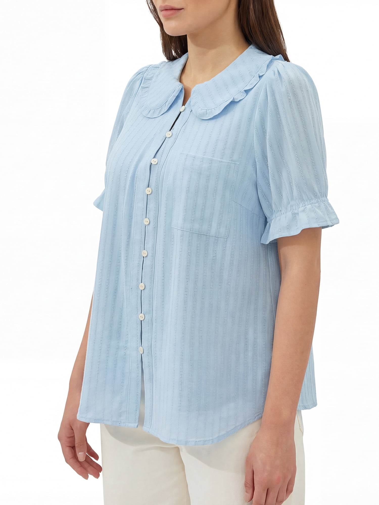 PRETTYGARDEN Women's V Neck Poplin Short Sleeve Button Up Top, Sizes S-XXL