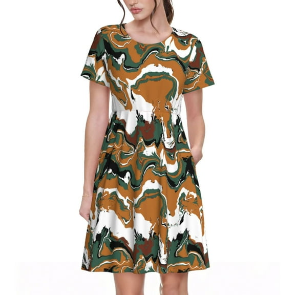 Spring Summer Dresses for Women 2025 - Orange Green Camouflage Wedding Guest Dresses, Beach Vacation Clothes, Hawaiian Sundresses Casual Short Sleeve Dress for Women with Pockets