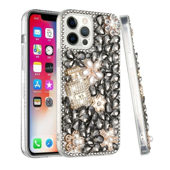 For Apple iPhone 14 Pro (6.1") Bling Crystal 3D Full Diamonds Luxury Sparkle Rhinestone Hybrid Protective Cover ,Xpm Phone Case [ Gray Pearl Flowers Perfume ]