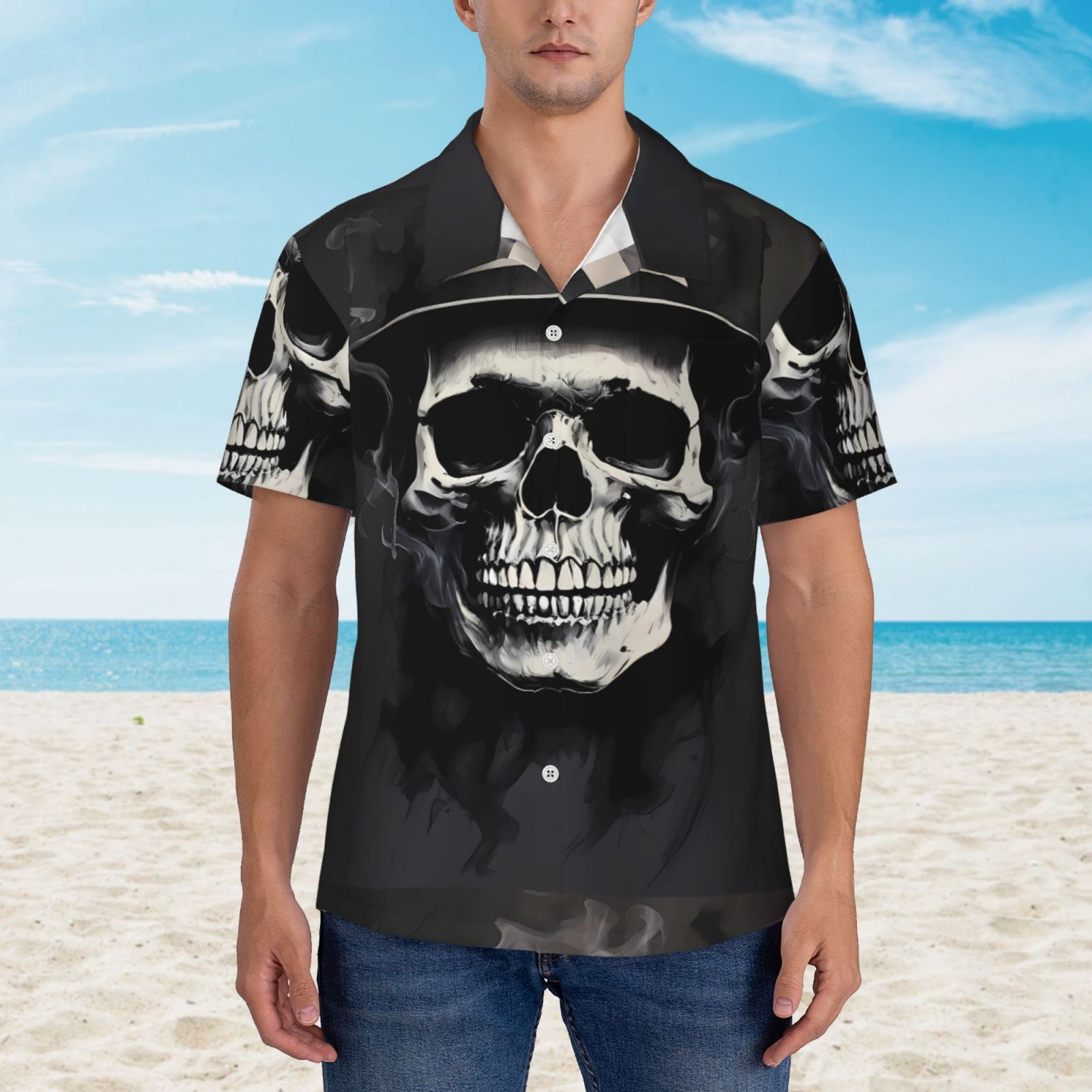 ★HILLDA★ SKULL BUTTON TOP Zeuib Magician Hat Skull Print Men's Hawaiian Shirts,Button