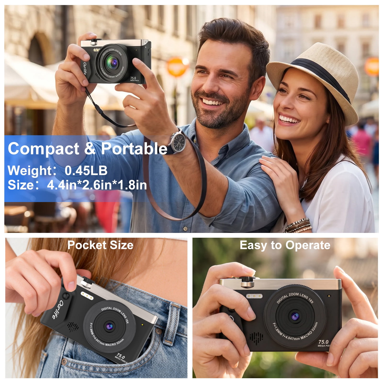 Ourlife 4K 75MP Digital Camera for Photography Autofocus Vlogging Camera with 18X Zoom, 3" Flip Screen,Black