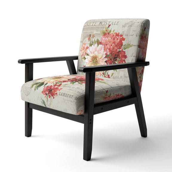 Designart "Red Painted Flowers On VIntage Postcard III" Upholstered Farmhouse Accent Chair - Arm Chair