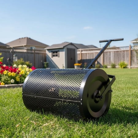 EuKer 24" Compost Spreader, Metal Mesh Lawn Spreader with Adjustable Push Pole for Topsoil, Fertilizer, Mulch, Set of 1, Black