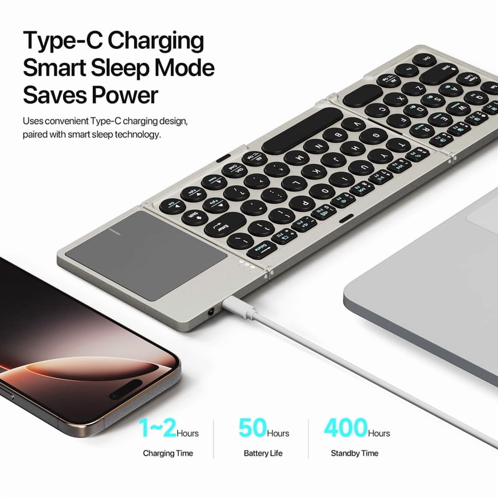 Three-fold touch-sensitive Bluetooth keyboard - Portable magnetic keyboard stand - Suitable for mobile phones, laptops, tablets