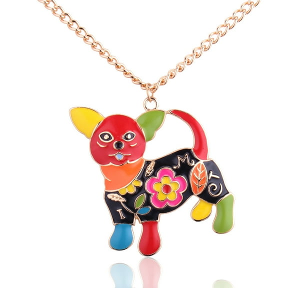 Besheek Goldtone & Red Mosaic Chihuahua Boho Beach Style Pendant Necklace
