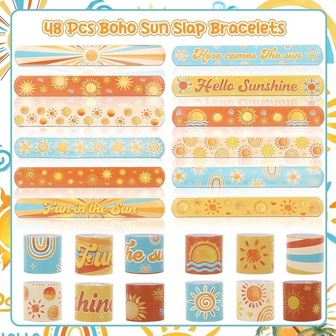 Serencatcher Boho Sun Slap Bracelets, Here Comes the Sun Baby Shower Decorations Include Hippie Groovy Boho Rainbow Slap for Sunshine Party Favors First Trip Around The Sun Birthday Party Decor