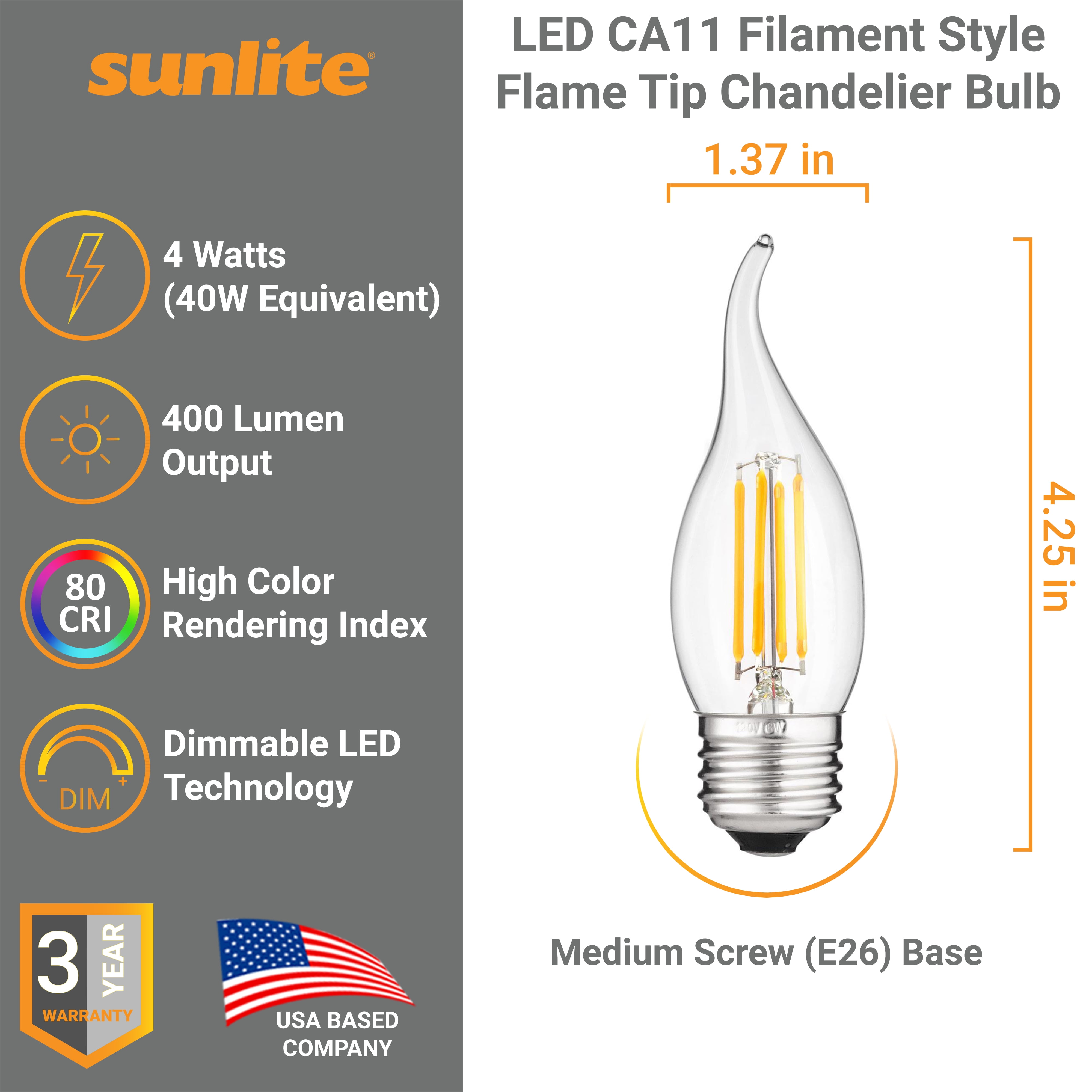 Sunlite LED CA11 Flame Tip Chandelier Light Bulb, 4 Watts (40W Equivalent), Medium E26 Base, Dimmable, Edison Style, 2700K Warm White, 6 Pack