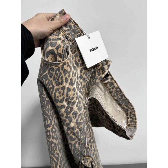 Jeans Taille Haute Baggy Rétro Américain Léopard Poches Décontractées pour Femmes Pantalons Hip-hop