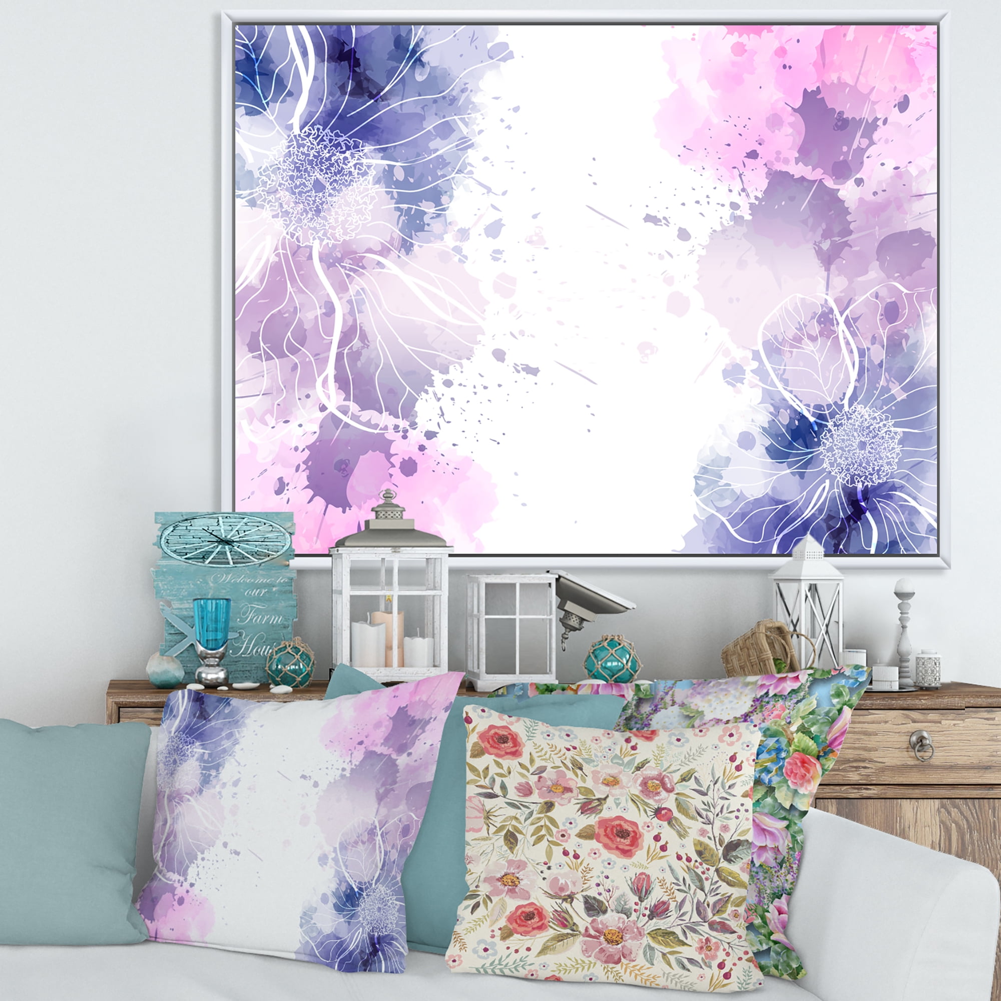 Designart 'Pink and Purple Abstract With Colorful Splashes I' Modern Framed Canvas Wall Art Print