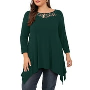 XPENYO Women's Plus Size 3/4 Sleeve Swing Top Lace Crew-neck Loose T-Shirt
