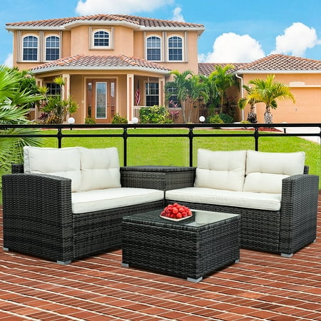 Rattan Patio Sofa Set 4 Pieces Outdoor Sectional Furniture Set All-Weather PE Rattan Wicker Patio Conversation Set Cushioned Sofa Set with Glass Table for Patio Garden Poolside Deck B1718