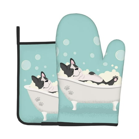 

Zeuib French Bulldog Taking a Bath Print Oven Mitt & Pot Holder Set 2-Pack Kitchen Gloves and Hot Pads for Cooking BBQ Grilling Baking