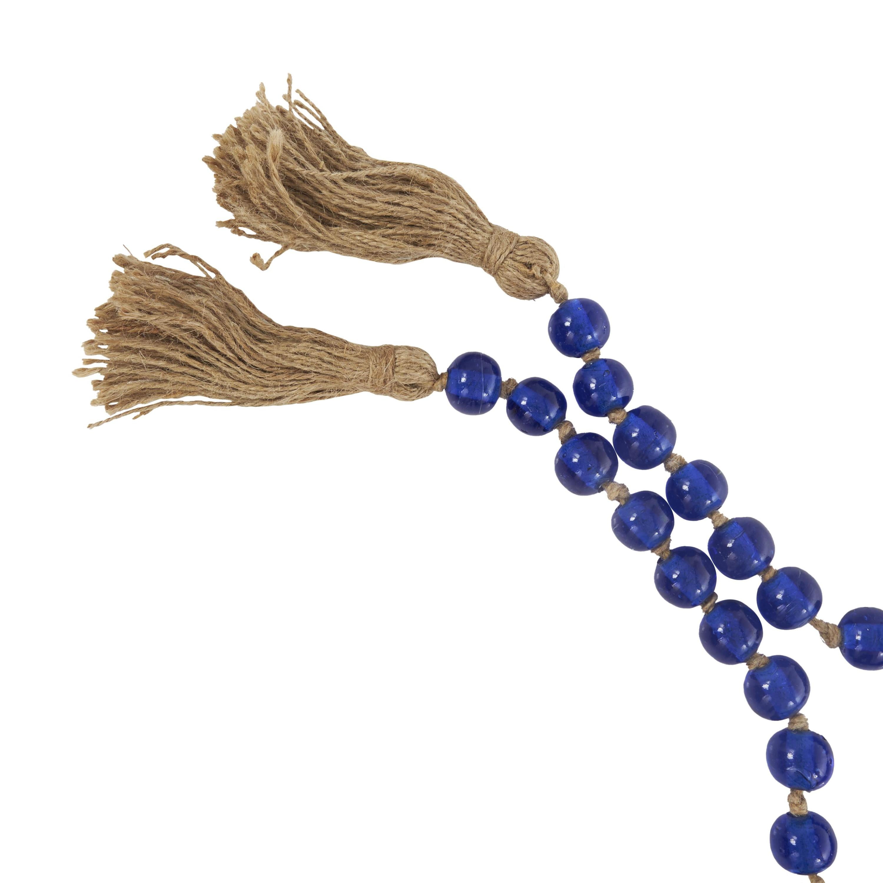 DecMode Handmade Round Long Blue Glass Garland with Tassel with Knotted Brown Jute