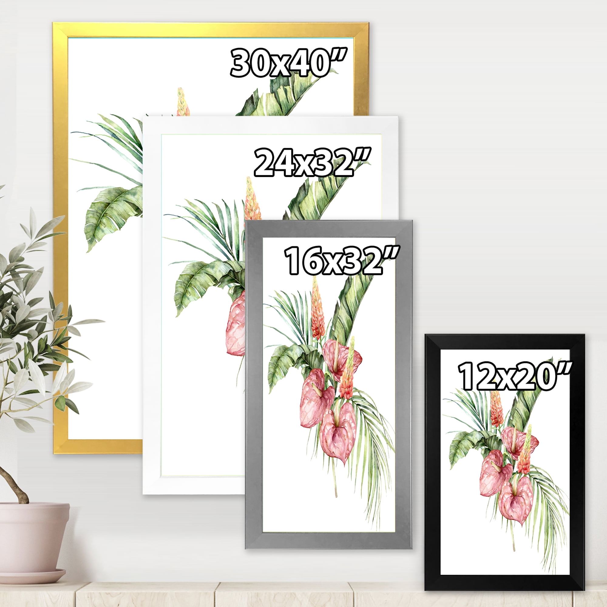 Designart 'Tropical Bouquet With Anthurium Lupine and Leaves On White II' Traditional Framed Art Print