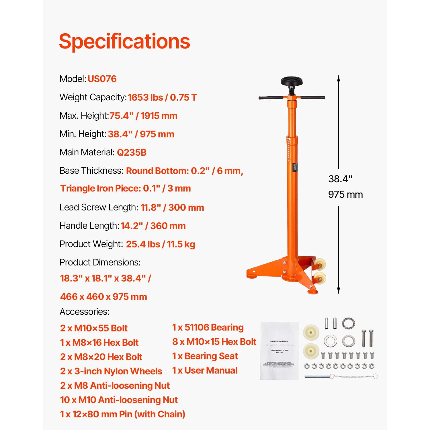 3/4 Ton Underhoist Support Stand, Lifts 38.4-75.4 in, Bearing Spin Handle & Self-Locking Screw, Two Wheels for Vehicle Components