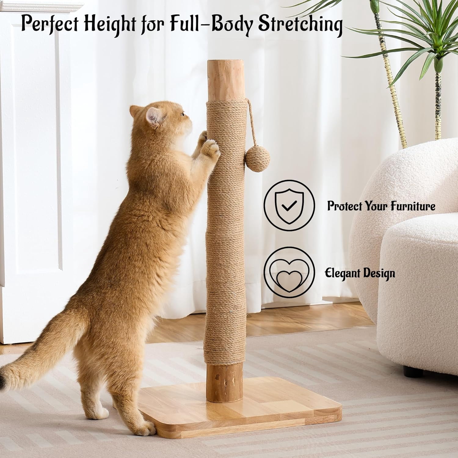 29 Inch Tall  Scratching Post for Indoor Cats Adults, -Stable Natural Solid Wood Sisal Scratcher with Hanging Ball Toy, Beige