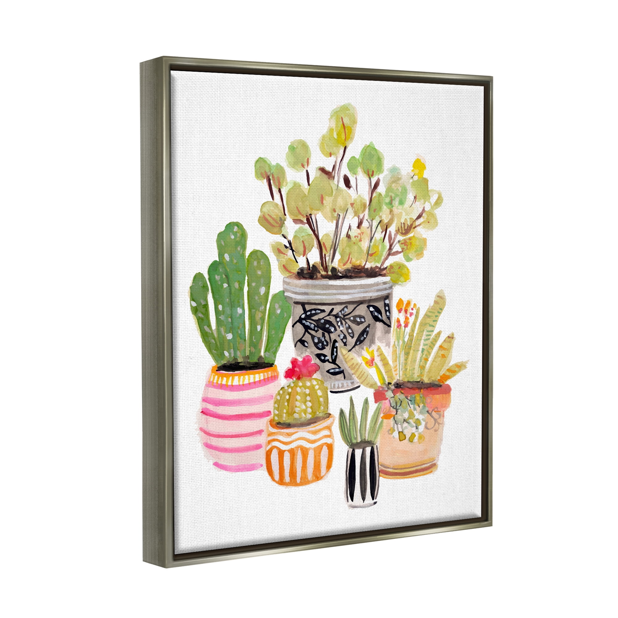 Stupell Patterned Pots Cactus Garden Botanical & Floral Painting Gray Floater Framed Art Print Wall Art