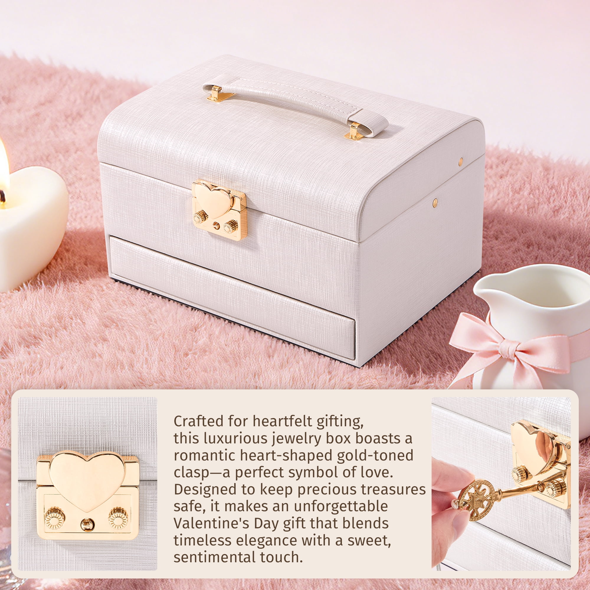 Casegrace Heart Shaped Lock Jewelry Box With Sync Open/Close Drawer, Multi-Layer Storage Case, Built-in Mirror, Portable Jewelry Organizer for Women Rings, Earrings, Necklaces, Valentine’s Day Gift