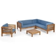 thumbnail image 2 of GDF Studio Emma Outdoor 6 Seater Acacia Wood Sectional Sofa Set, Teak and Blue, 2 of 9