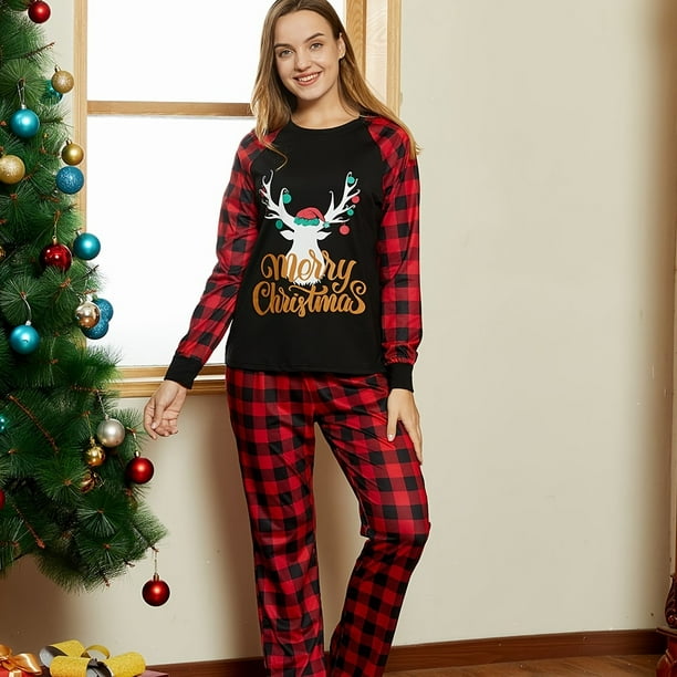 Conjuntos De Pijamas A Juego Con Empalme A Cuadros Con Estampado De Astas Y Letras De Feliz Navidad Para La Familia (resistente Al Fuego), Ropa De Descanso Para Hombres Y Mujeres Para Bebés Y Niños