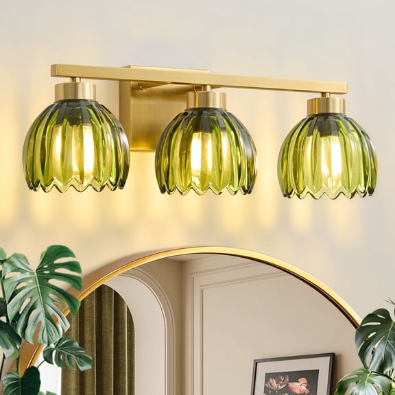 Deyidn 3-Light Gold Vanity Light with Green Glass Shades, 19.29 Inch Modern Wall Sconce