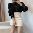 thumbnail image 4 of Women’s Lace Long Puff Sleeve Top Stand Collar Pearl Button Solid Color Blouse Shirt, 4 of 4