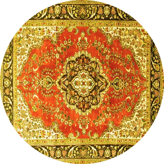 Ahgly Company Machine Washable Indoor Round Medallion Yellow Traditional Area Rugs, 3' Round