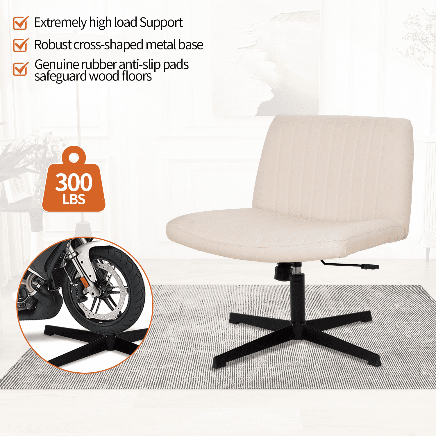 BIQWBIC Vanity Chair Adjustable Home Office Desk Chair Armless Swivel Cross Legged Chair with No Wheels, Beige