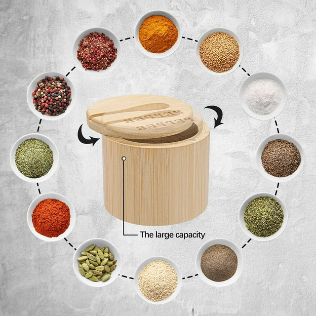 Bamboo Salt and Pepper Cellars, Salt Storage Bowl with Magnetic Swivel Lid 2pcs Spice Containers with Serving Spoons Pepper Box Engraved with Salt and Pepper for Salt, Pepper, Sugar, Spice (Style 2)
