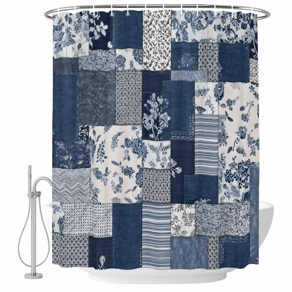 Navy Blue Checkered Shower Curtain Set - Long 72" x 84" Washable Bathtub Curtain with 12 Hooks, Vintage Floral Plaid Aesthetics Waterproof Fabric Stall Shower Curtains for Bathroom/Bathtub Décor