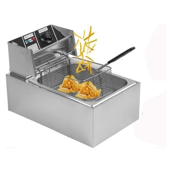 Electric Deep Fryer, 6L Stainless Steel Electric Deep Fat Fryer Temperature Control Timing Fryer with Drain & Basket,Single /Dual (6L Single Basket) silver