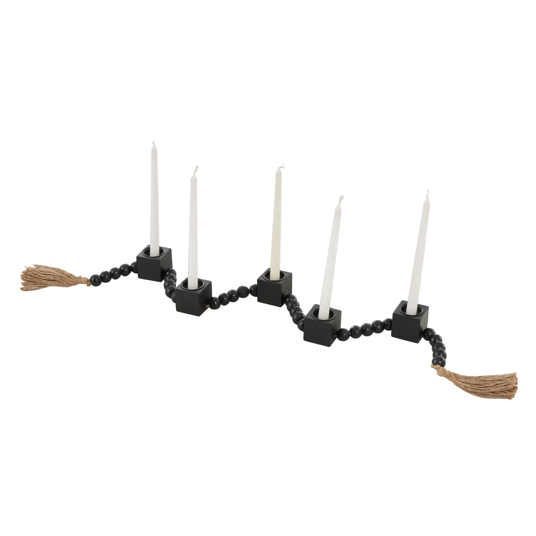 DecMode 5 Candle Black Wood Square Garland Candle Holder with Brown Tassel