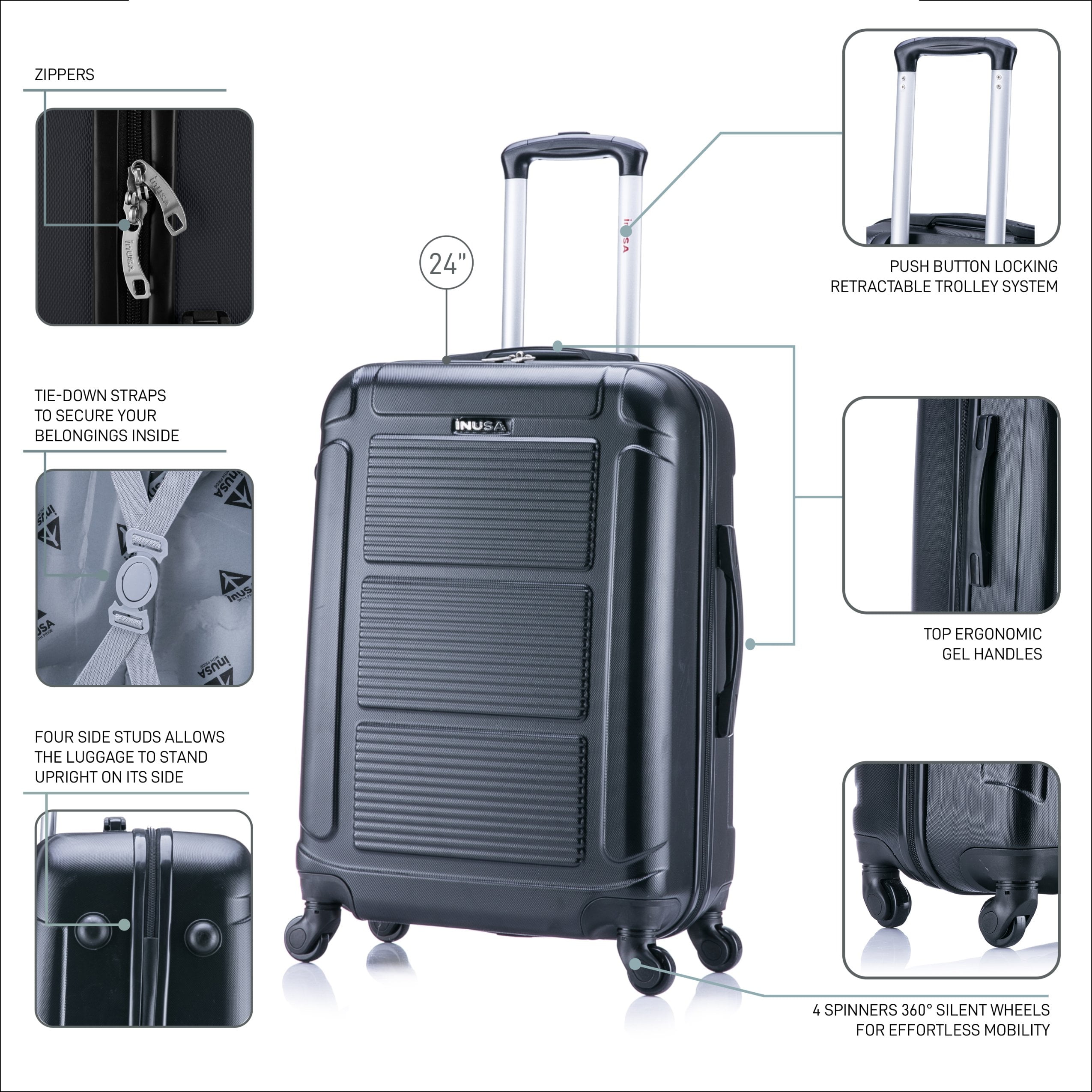 InUSA Pilot 24" Hardside Lightweight Luggage with Spinner Wheels, Handle, and Trolley, Black